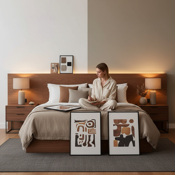 Professional bedroom wall art curation with curated prints and decor arrangement displayed on bedroom walls
