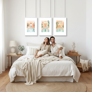 Bright small living room with soft blue walls, wooden furniture, and coastal-inspired decor arranged thoughtfully on shelves and surfaces.