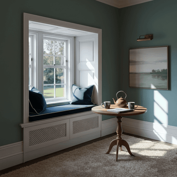 A cosy breakfast nook with navy cushions, round wooden tea table and soft natural light