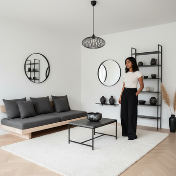 A serene Japandi rental living room styled with no damage to walls or fixtures