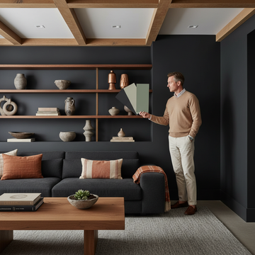 Warm terracotta accent wall paired with natural wood furniture in a bright, inviting living room setting.