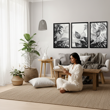 How to incorporate sustainable interior design into your home — Black woman sitting on reclaimed wood bench looking at botanical wall art prints in a bright living room