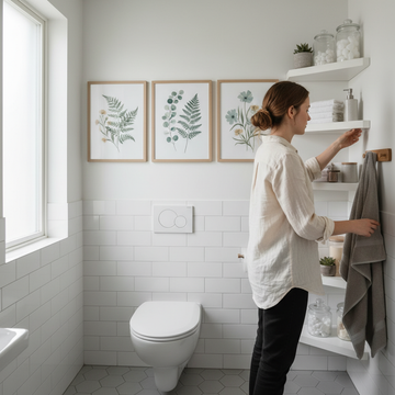 Bright small bathroom with set of 3 matching botanical prints above toilet