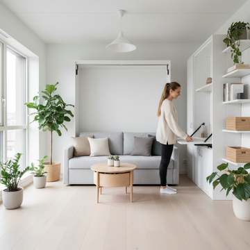 Bright airy studio apartment with smart space-saving furniture and minimalist design