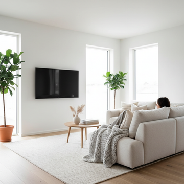 Bright minimalistic tv room with Scandinavian style furniture and calming décor