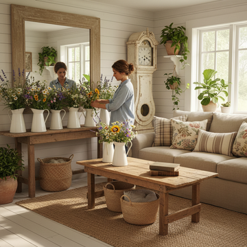 Small farmhouse living room with vintage rustic charm and cosy decor