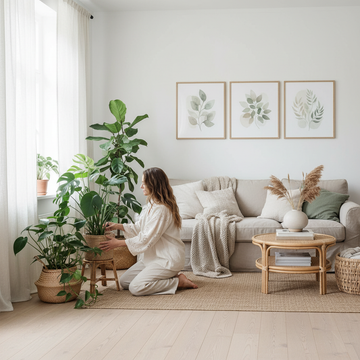 Bright living room with muted botanical watercolour prints and bohemian styling