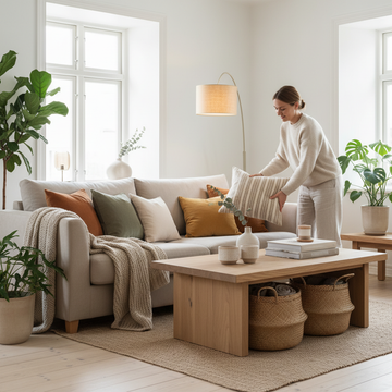 Bright Scandinavian living room with earthy tones and layered home decor