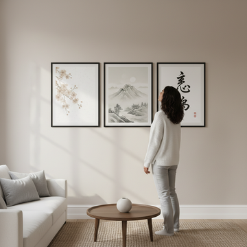 Minimalistic Scandinavian living room wall with balanced neutral Japanese wall art arrangement