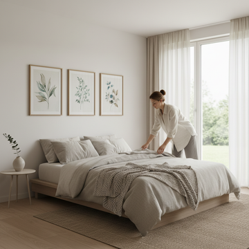 Light Scandi-style bedroom with calming wall art and soft neutral décor
