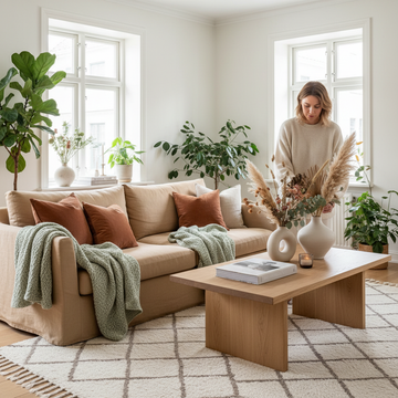Woman arranging dried botanicals in a bright Scandi living room reflecting decor trends 2026