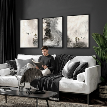 Bright living room with set of 3 matching watercolor landscape art prints