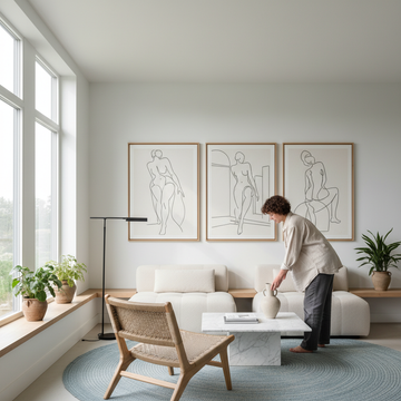Bright airy living room with set of 3 matching line paintings