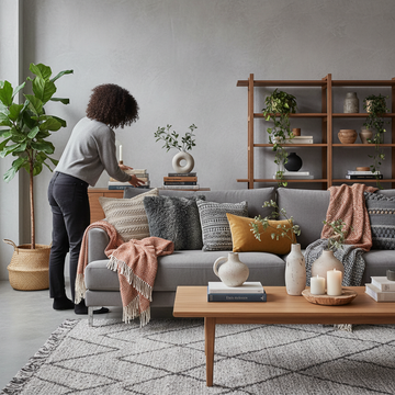 Bright grey and beige living room with cosy furniture, cushions, and plants