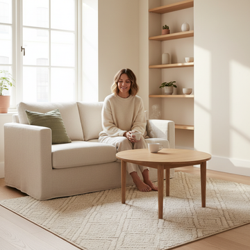 ```text Woman relaxing with a cup of tea in a bright, stylish small living room with neutral decor and space-saving furniture ```