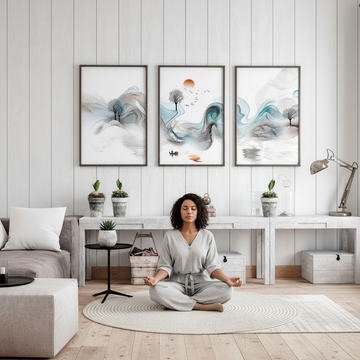 Bright minimalistic Scandi interior with Zen Japanese wall art set displayed in a calm living room
