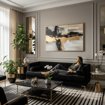 Modern living room with black velvet sofa and abstract gold artwork, epitomising luxurious retreats