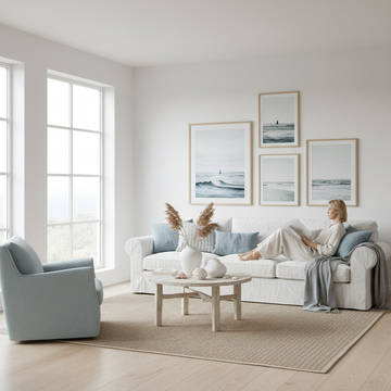 Bright minimalistic living room featuring coastal interior design with white walls, light wood furniture, and coastal wall art