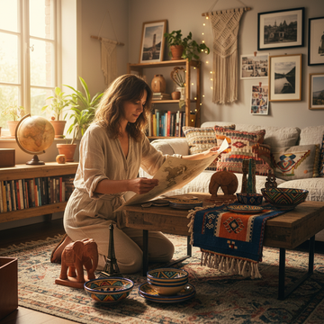 Home trotters style living room woman arranging travel decor