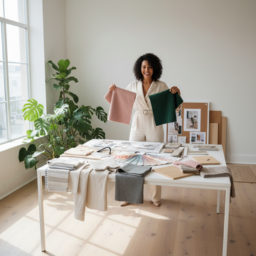 Interior decorator cost — female decorator comparing fabric swatches and materials in a bright studio