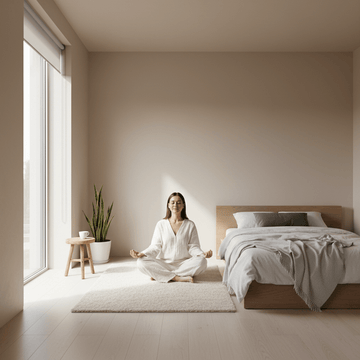 A woman meditating on the floor in a calm, minimalist bedroom decor setting with natural light