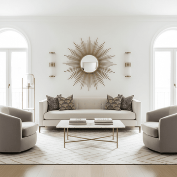 Elegant art deco home décor featuring a gold sunburst mirror above a cream tufted sofa