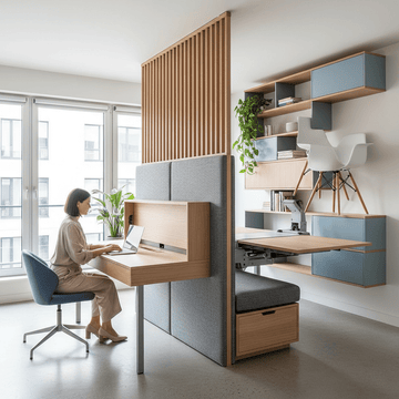 A woman working at a fold-out desk beside an acoustic partition for room zoning
