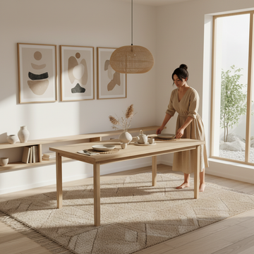 Bright Scandinavian Japandi dining room featuring minimalist wall art above dining table