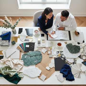 Here it is:  **Alt text:** `Interior designer and client seated at a white desk covered with fabric swatches, marble samples, floor samples, metal finishes and wallpaper patterns, choosing materials together for an interior design project`