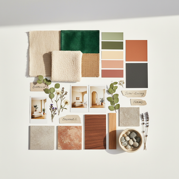 Interior design trends moodboard flat lay with fabric swatches, paint chips, wood samples and botanical elements on white background