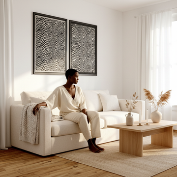Current interior decorating trends 2026 — bright minimalistic Scandi living room with earthy colour palette and wall art