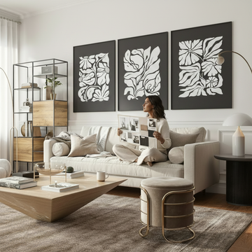 South Asian woman on a linen sofa reviewing a moodboard to prepare for an interior designer consultation, with botanical wall art in dark grey frames behind her