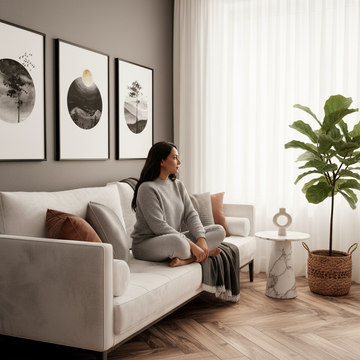 Stylish South Asian woman on a linen sofa in a compact living room with Scandinavian wall art, demonstrating small space interior design