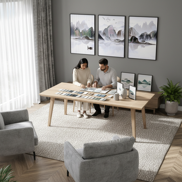 Can an interior decorator help me stay on budget — bright Scandi living room with decorator and client reviewing design samples