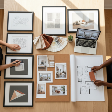 Top-down flat lay of a light oak desk during an interior design consultation with wall art prints, fabric swatches, paint colour chips, mood board and open laptop showing a room render, two pairs of hands choosing materials