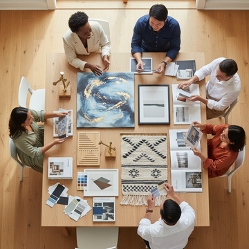 Aerial view of a large table with diverse wall art mediums including canvas, framed prints, wood, metal and textiles, with five diverse people in friendly discussion around it