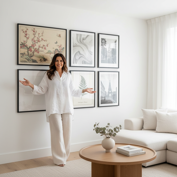 Stylish woman in white linen presenting a beautifully curated mixed gallery wall featuring Chinoiserie prints, marble abstract art, botanical illustrations and line drawings in coordinated black frames