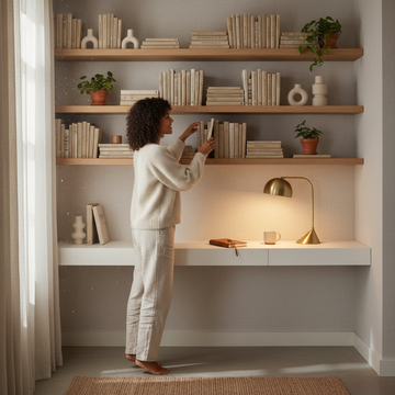 Bright minimalistic Scandi style study room with natural light, clean desk, and subtle wall art.