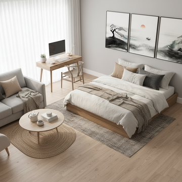 Small studio design ideas 2026 — bright minimalistic Scandi studio apartment with modern wall art and multifunctional furniture