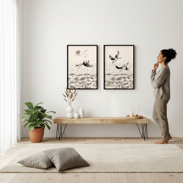DIY home decor projects — Japanese art print set of 2 displayed on a gallery wall in a bright Scandi living room