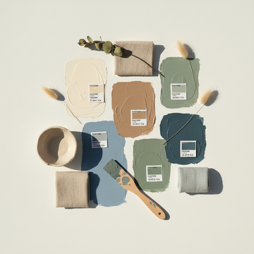 Paint colours for small rooms — moodboard with Pantone colour swatches in soft cream, taupe, blue and sage green