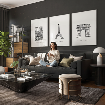 Paris landmarks wall art framed set of 3 in a bright Scandinavian living room — find the right interior designer for your home