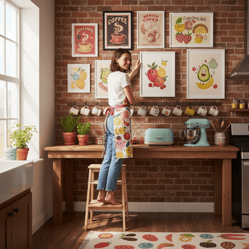 A smiling woman on a step stool arranging quirky kitchen wall art on an exposed brick wall