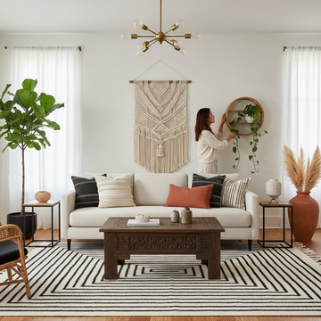 A richly layered bohemian living room showcasing the art of mixing patterns in bohemian decor