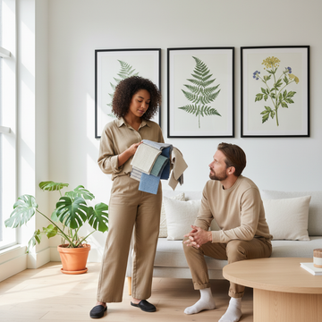 Interior designer selecting samples next to artwork — questions to ask before hiring an interior designer