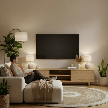 **Alt text:** Person relaxing in a cosy TV room with the television turned off and a clean wall above it.