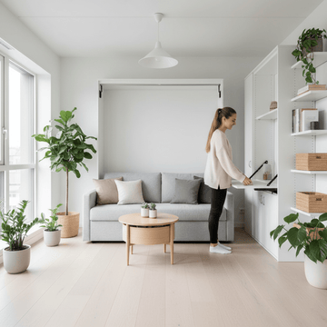 Woman using fold-out desk in a bright, minimalist small apartment with stylish wall storage