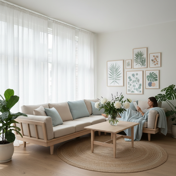 Bright Scandinavian living room with summer-inspired colours and botanical wall art