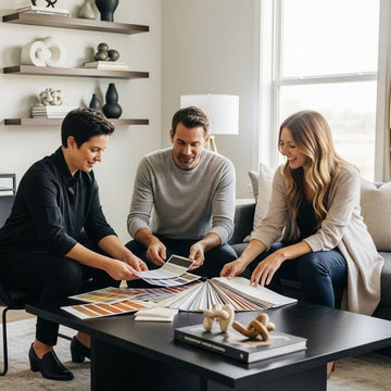 An interior designer presenting colour swatches and fabric samples to a couple during a home decorating consultation
