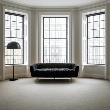 Minimalist living room with black accents including a velvet sofa and floor lamp